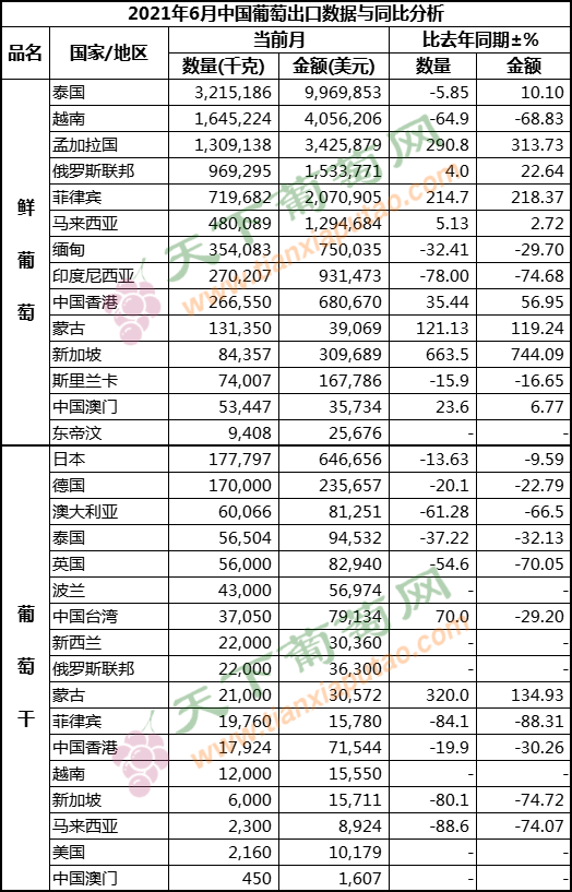 2021年6月葡萄出口（按國家）