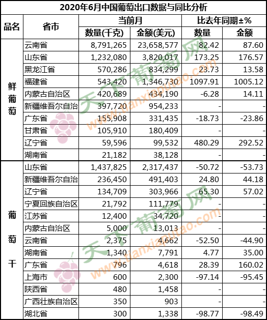 2020年6月葡萄出口（按省份）