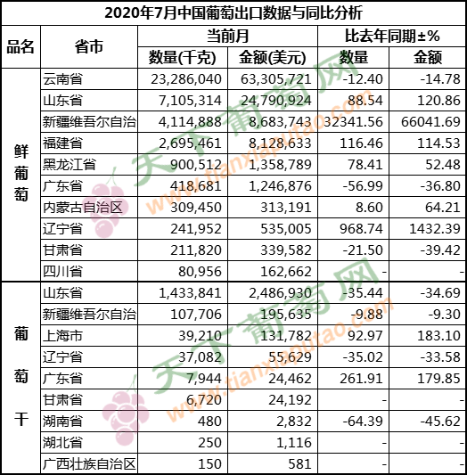 2020年7月葡萄出口（按省份）