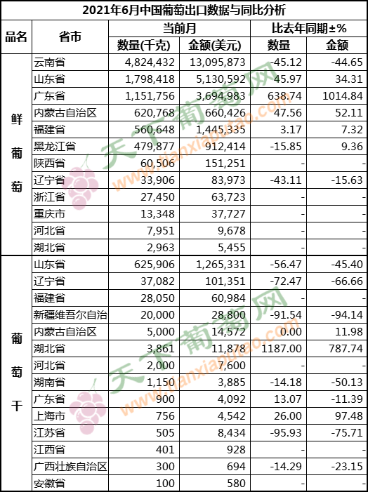 2021年6月葡萄出口（按省份）