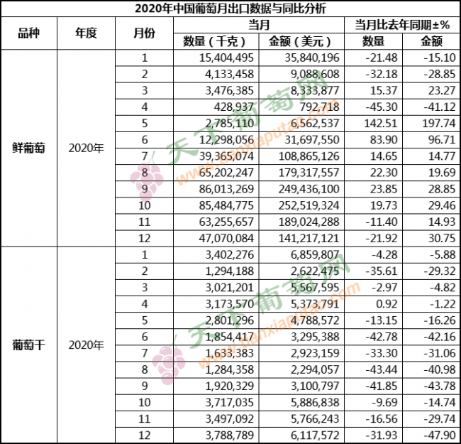 2020年12月葡萄出口（按总量）